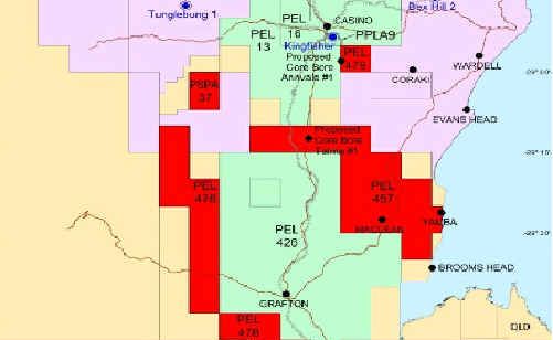 This map shows the exploration and mining leases of the three companies in the Clarence Valley and beyond. The green area is Metgasco, the red is Red Sky Energy and the pink belongs to Arrow Energy. This map shows the exploration and mining leases of the three companies in the Clarence Valley and beyond. The green area is Metgasco, the red is Red Sky Energy and the pink belongs to Arrow Energy.